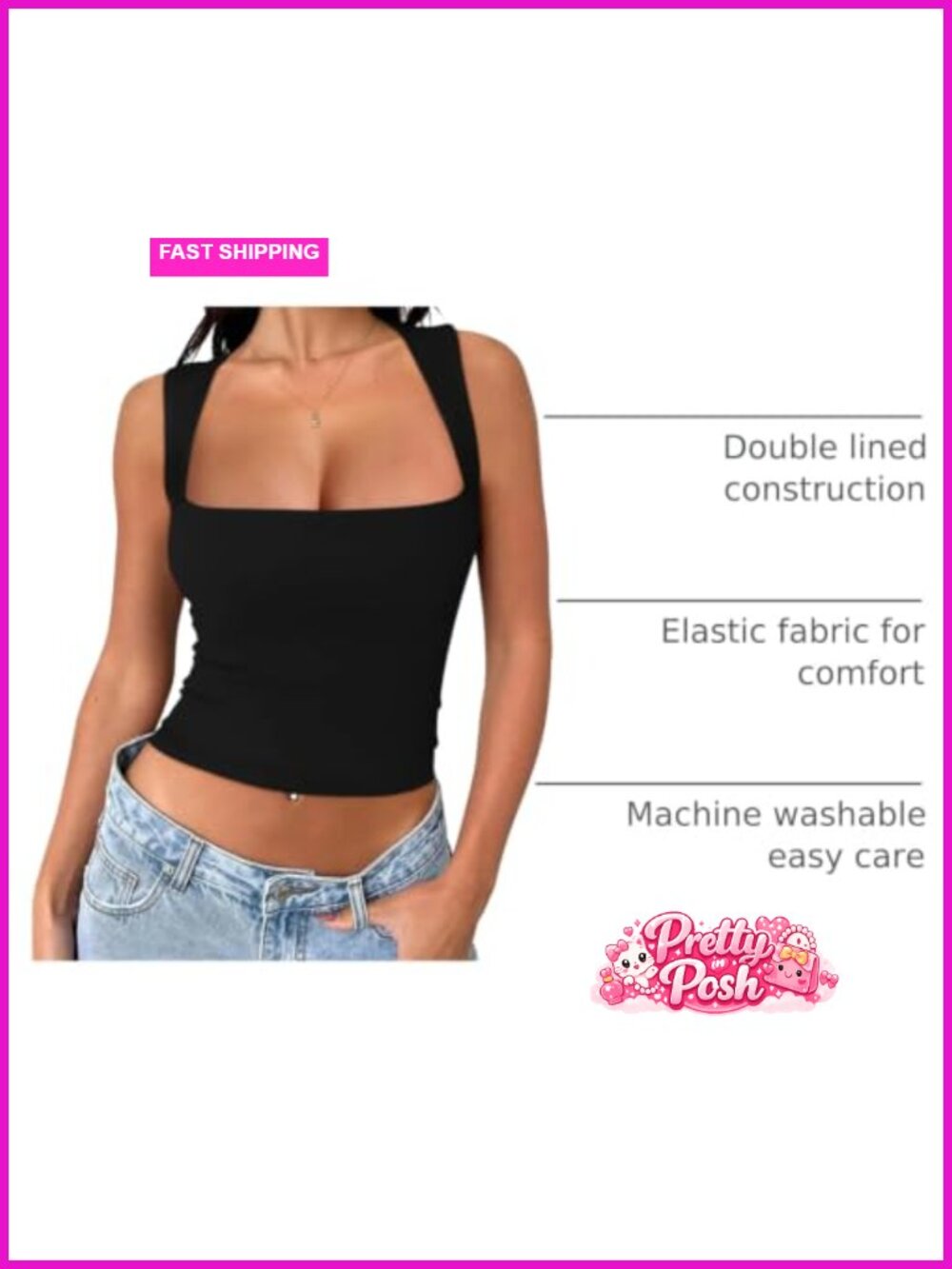 Butsmooth Square Neck Double Lined Crop Tank Top Going Out Summer Top - Picture 3 of 6